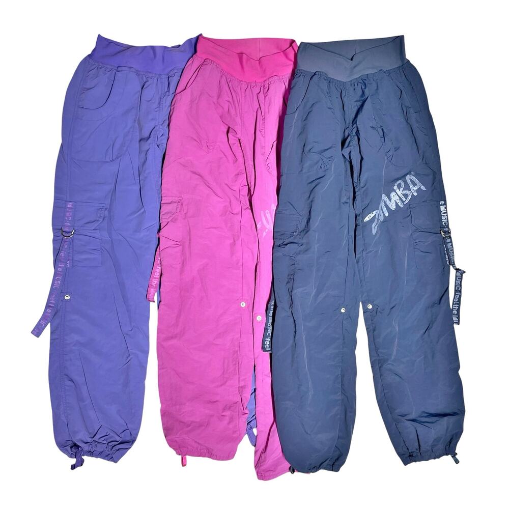 ZUMBA *Set of 3 Size S Pairs* Craveworthy Nylon Cargo Pants Purple Pink Navy
